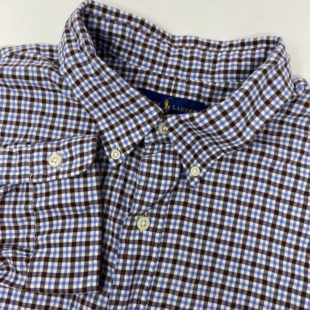 Ralph Lauren Button Down‎ Mens XXL Brown Blue Gingham Check Long Sleeve Shirt